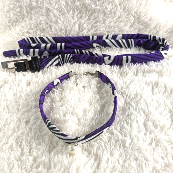 Upcycled Hand Crafted Matching Choker and Belt Set. Purple/White/Black. - Picture 1 of 11